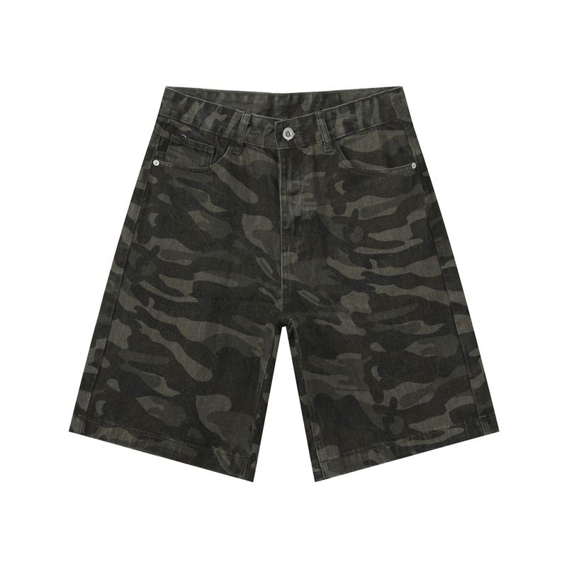 Men's camouflage cargo jeans short stretch relaxed fit denim short pants, flat lay front