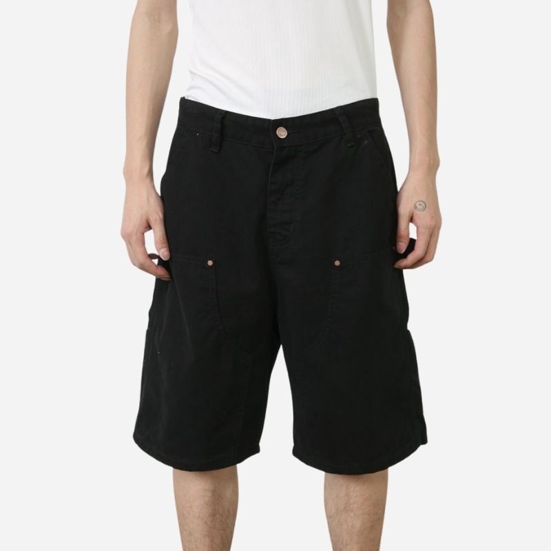 Men’s cargo jeans shorts relaxed fit wide leg carpenter short denim pants in black, front view
