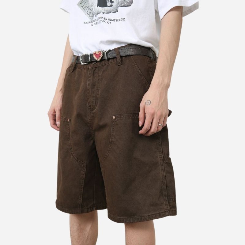 Men’s cargo jeans shorts relaxed fit wide leg carpenter short denim pants in brown, side view