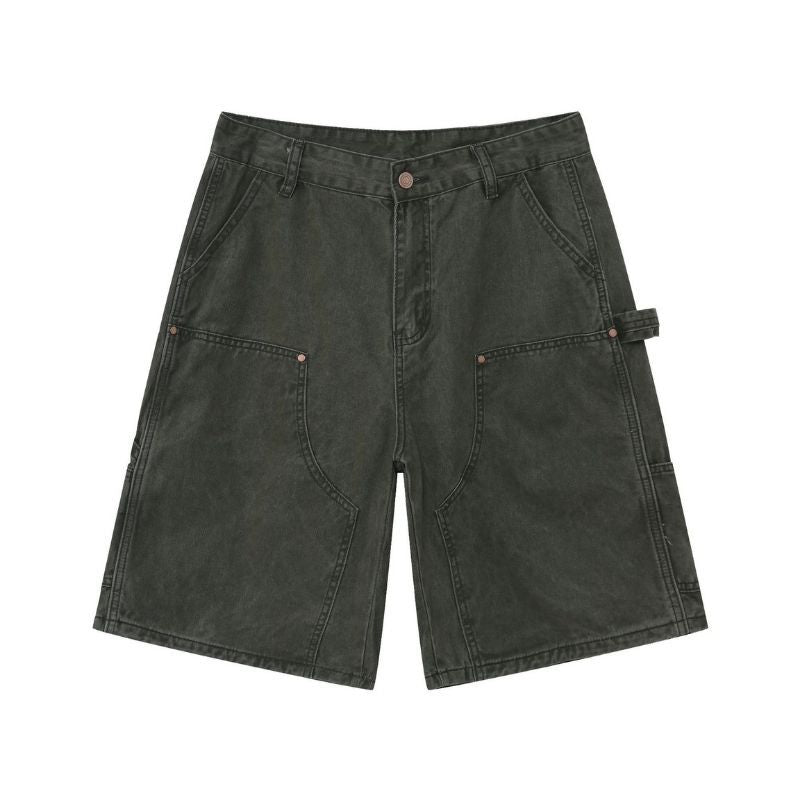 Men’s cargo jeans shorts relaxed fit wide leg carpenter short denim pants in green, flat lay front
