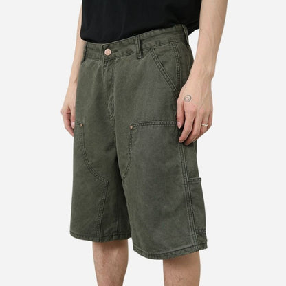 Men’s cargo jeans shorts relaxed fit wide leg carpenter short denim pants in green, side view