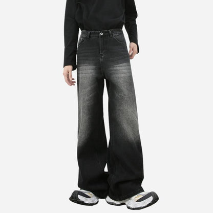 Men’s loose fit straight leg jeans in grey, front view