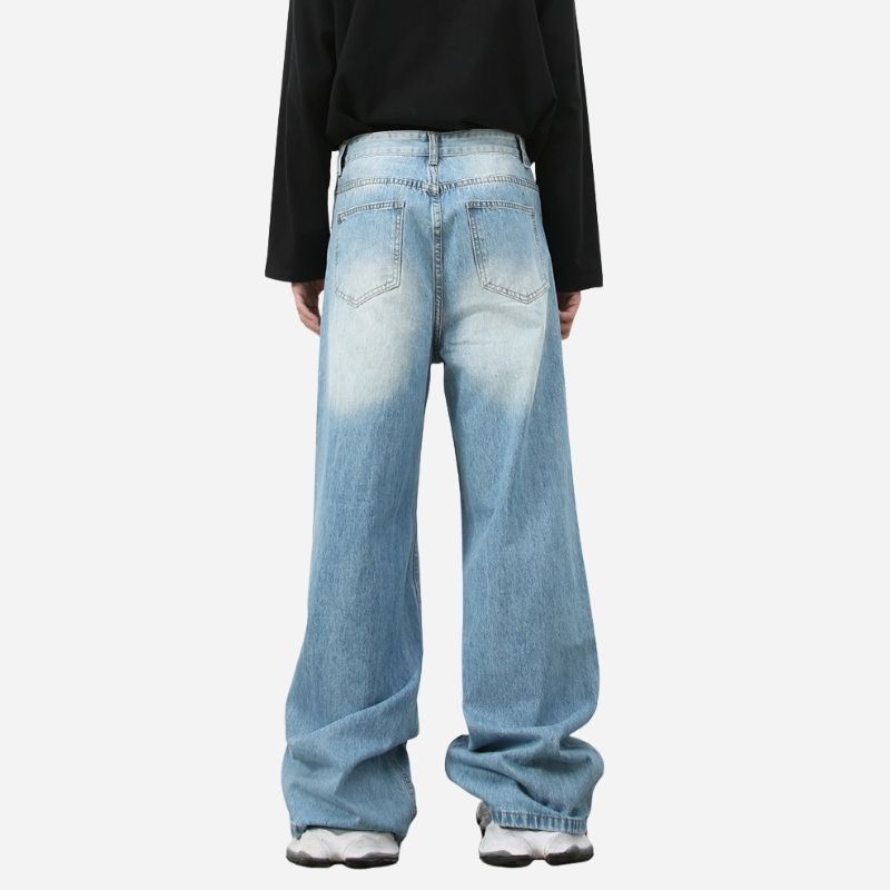 Men’s loose fit straight leg jeans in light blue, back view