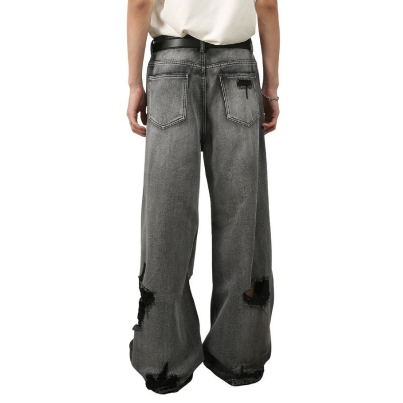 Men’s ripped baggy jeans y2k wide leg loose fit denim pants in black, back view