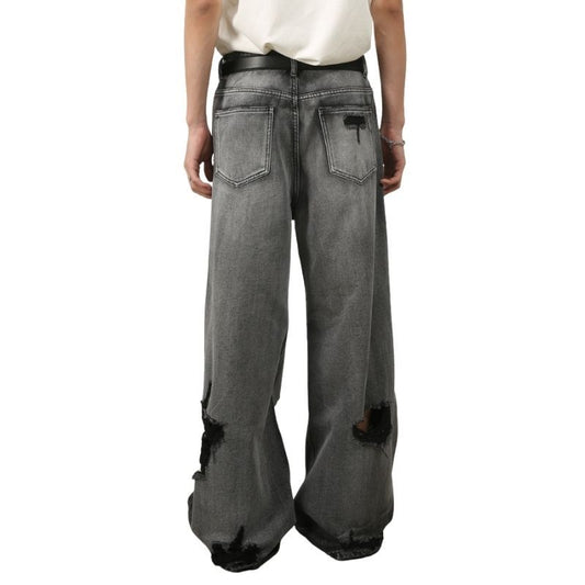 Men’s ripped baggy jeans y2k wide leg loose fit denim pants in black, back view