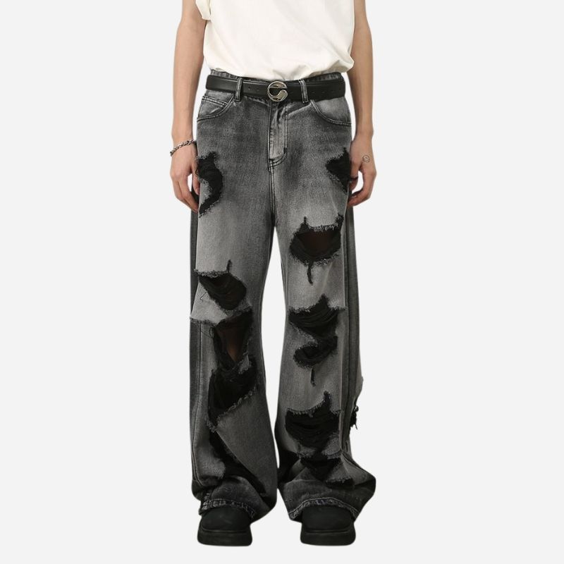 Men’s ripped baggy jeans y2k wide leg loose fit denim pants in black, front view