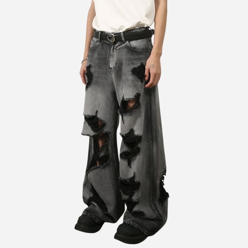 Men’s ripped baggy jeans y2k wide leg loose fit denim streetwear pants in black, side view
