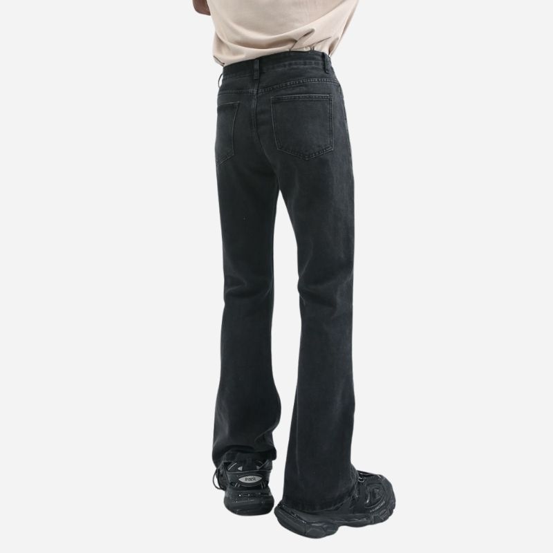 Men’s stretch straight leg jeans relaxed fit flared bell bottom denim pants in black, back view