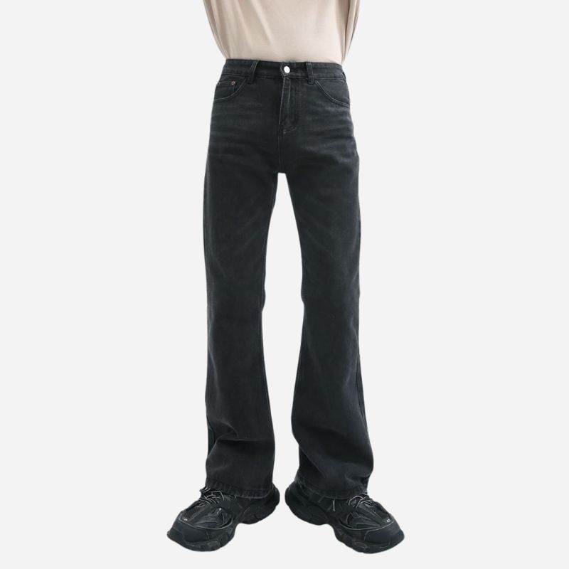 Men’s stretch straight leg jeans relaxed fit flared bell bottom denim pants in black, front view