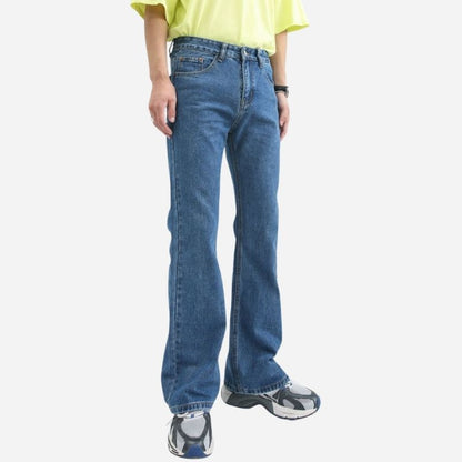 Men’s stretch straight leg jeans relaxed fit flared bell bottom denim pants in navy color, side view