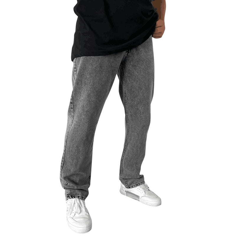 Men’s stretchy straight leg jeans classic mid rise regular fit denim pants in grey, front view