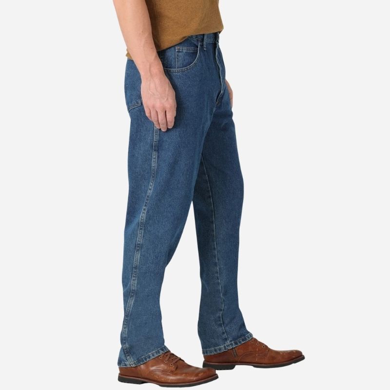 Men’s stretchy straight leg jeans in navy color, side view