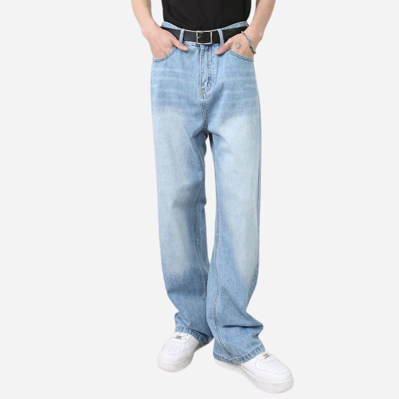 Men’s wide leg straight baggy jeans y2k streetwear hip hop loose fit denim pants in blue, front view