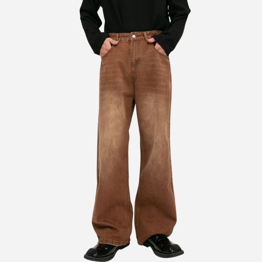 Men’s wide leg straight baggy jeans y2k streetwear hip hop loose fit denim pants in brown, front view