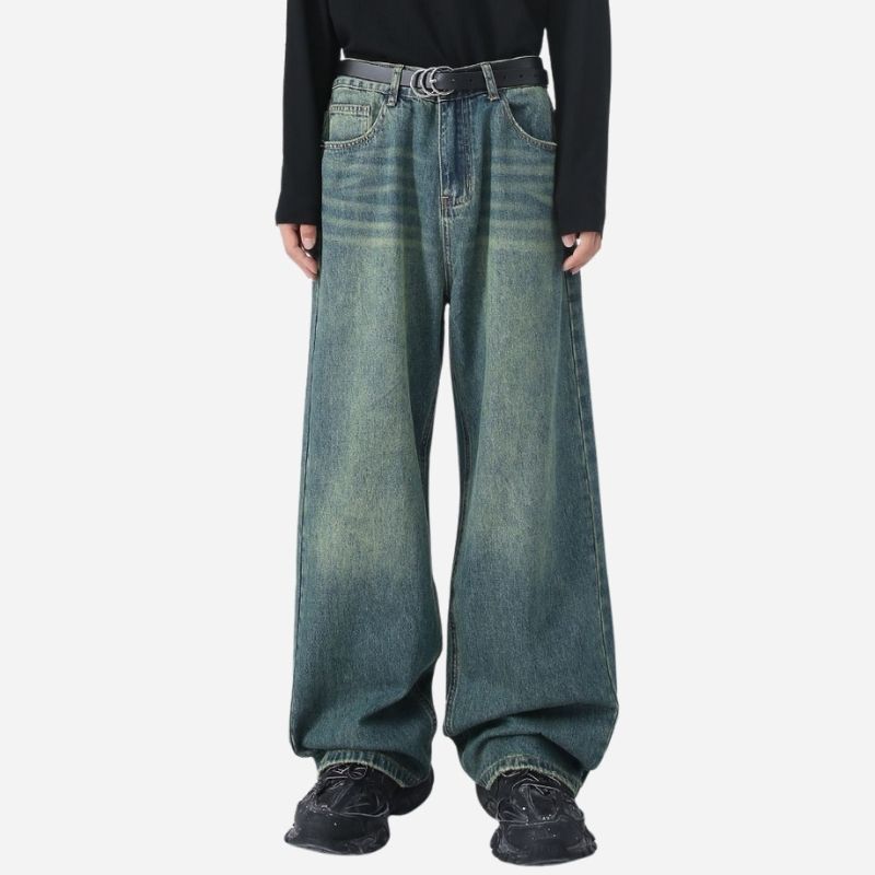Men’s wide leg straight baggy jeans y2k streetwear hip hop loose fit denim pants in navy color, front view