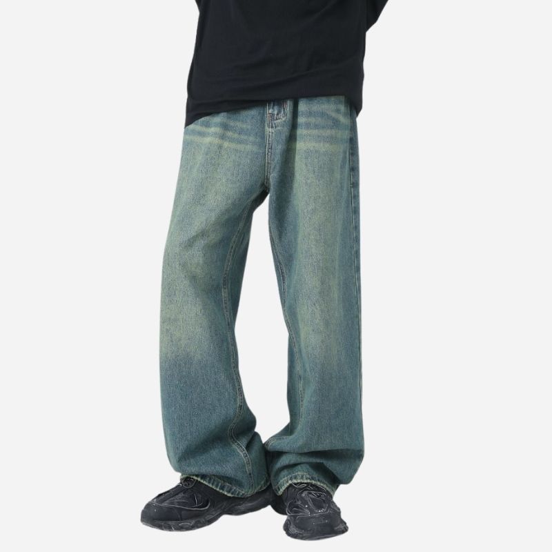 Men’s wide leg straight baggy jeans y2k streetwear hip hop loose fit denim pants in navy, front view
