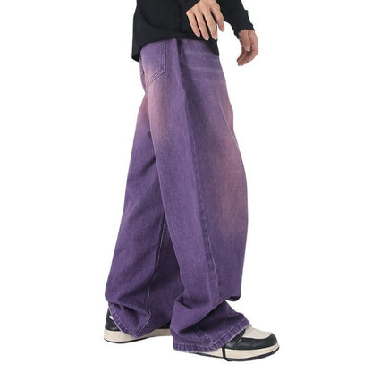 Men’s wide leg straight baggy jeans y2k streetwear hip hop loose fit denim pants in purple, side view