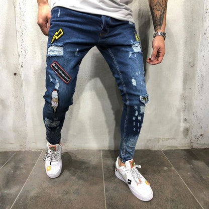 Men's ripped patch embroidered slim stretch skinny jeans in navy