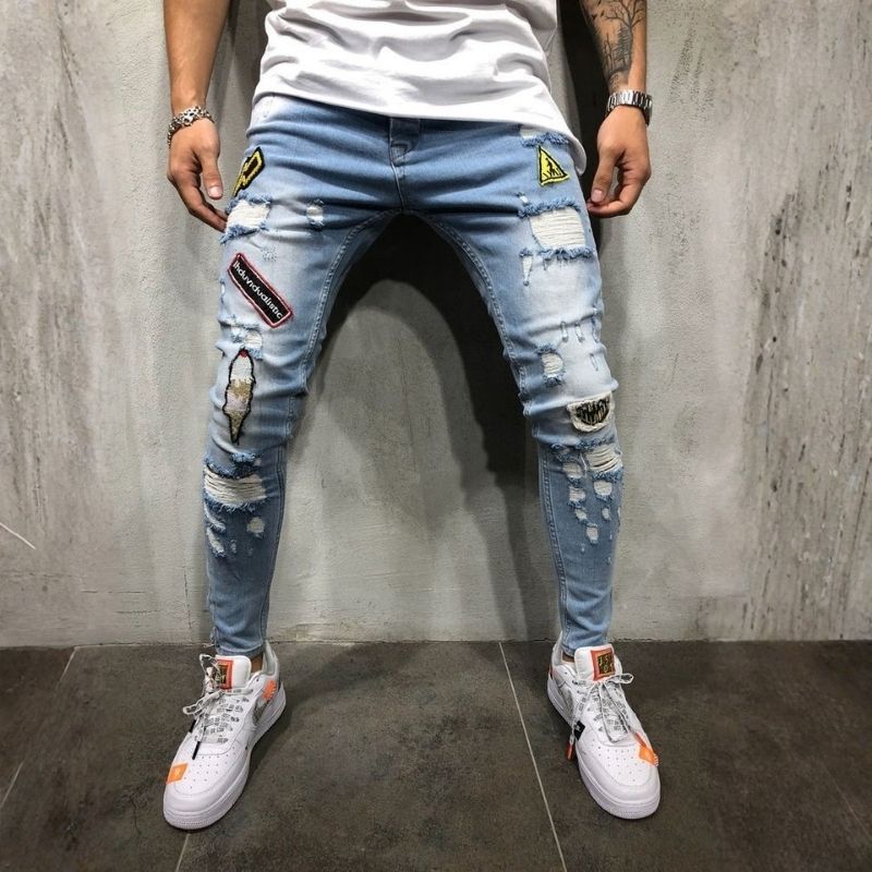 Men's ripped patch embroidered slim stretch skinny jeans in blue