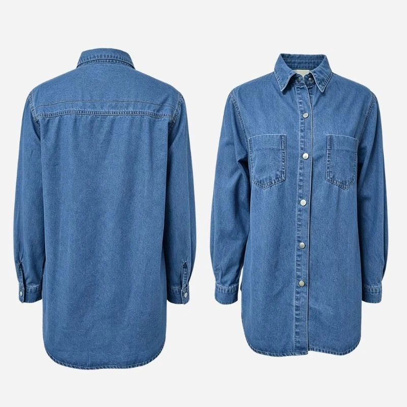 oversized long sleeve denim shirt jacket for women in blue, front and back views