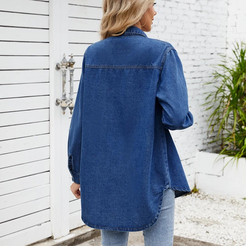 oversized long sleeve denim shirt jacket for women in dark blue, back view
