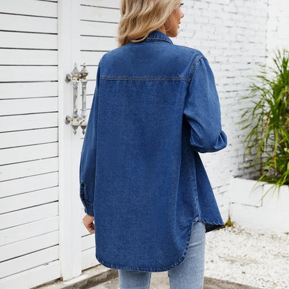 oversized long sleeve denim shirt jacket for women in dark blue, back view