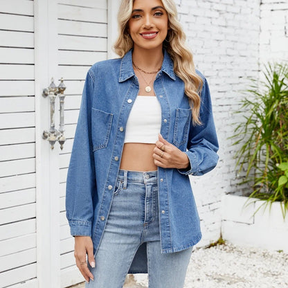 long sleeve denim shirt for women in blue, front view