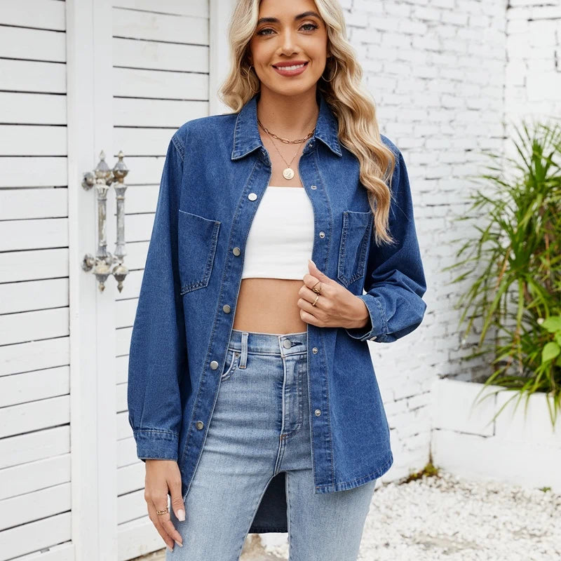 oversized long sleeve denim shirt jacket for women in dark blue, front view