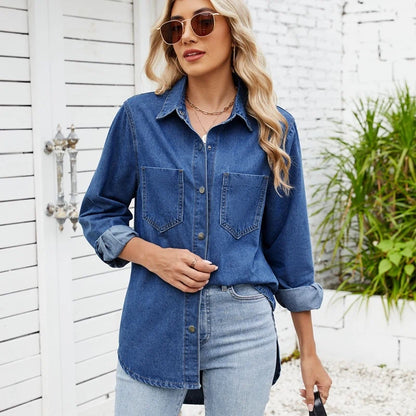 oversized long sleeve denim shirt jacket for women in dark blue