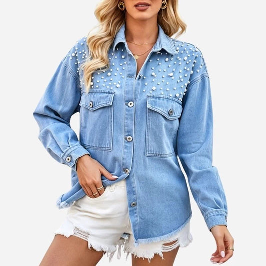 pearl embellished oversized denim shirt jacket for women