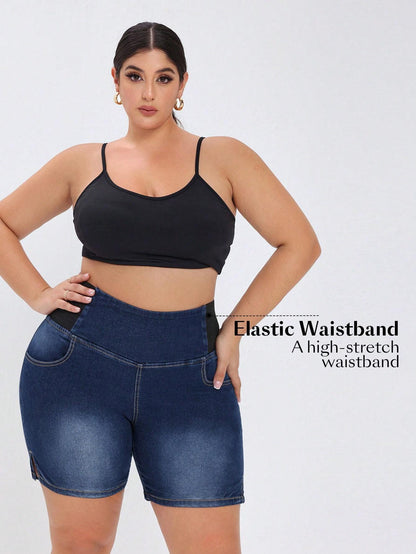 Plus Size High Waist Denim Shorts for Women - Navy Jeans with elastic waistband