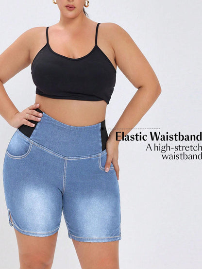 Plus Size High Waist Denim Shorts for Women - Blue Jeans with elastic waistband