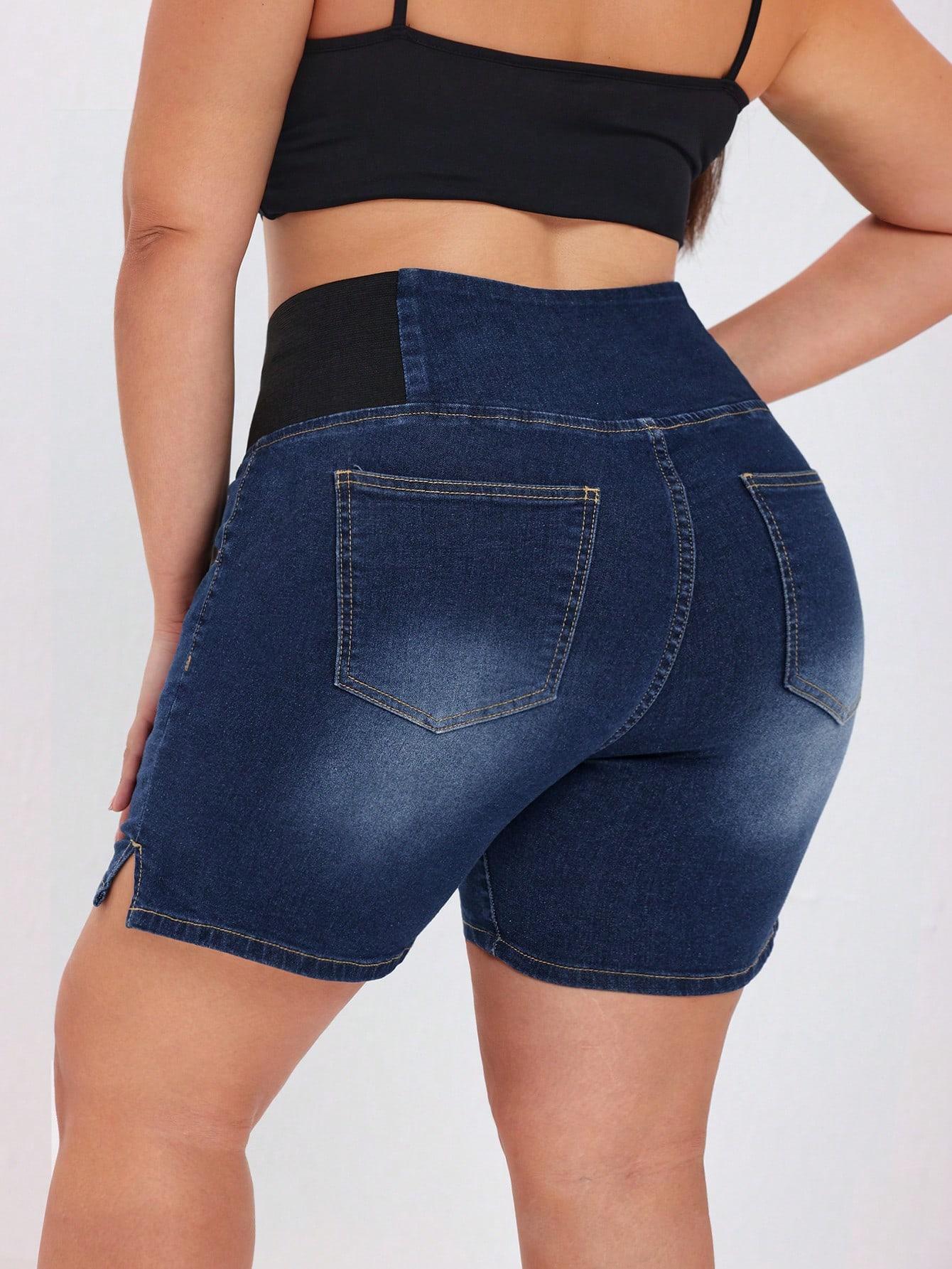 Plus Size High Waist Denim Shorts for Women - Navy Jeans with back view