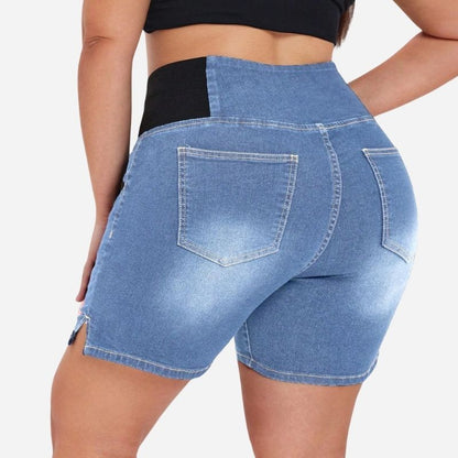 Plus Size High Waist Denim Shorts for Women - Blue Jeans with back details