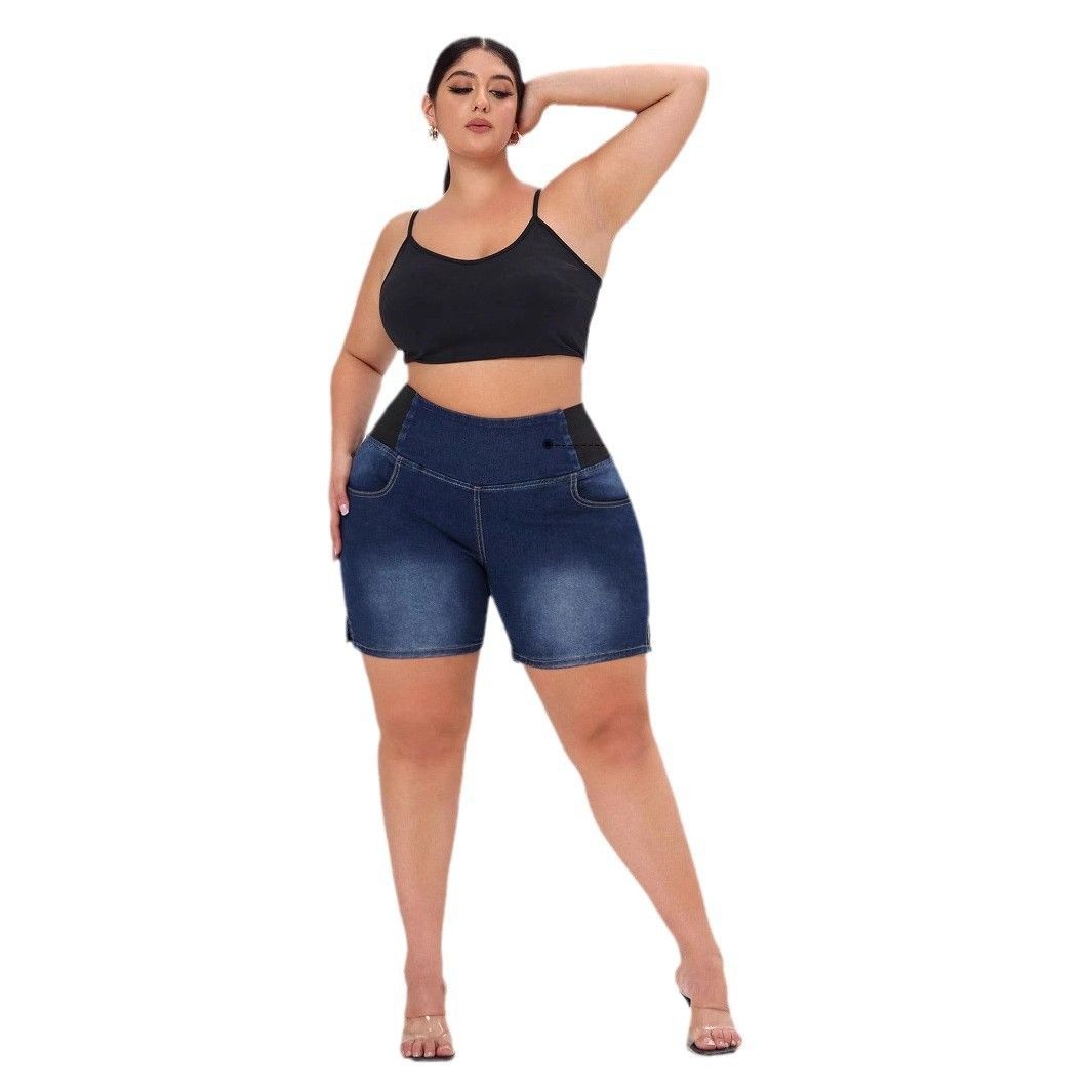 Plus Size High Waist Denim Shorts for Women - Navy Jeans 