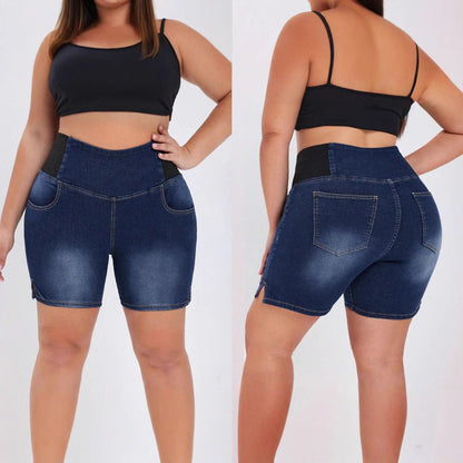 Plus Size High Waist Denim Shorts for Women - Navy Jeans with front and back views