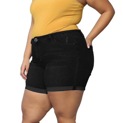 Plus Size Women Ripped Denim Shorts High Waisted Folded Hem Jean Shorts