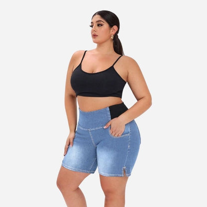 Plus size high waist stretch denim shorts for women, side view