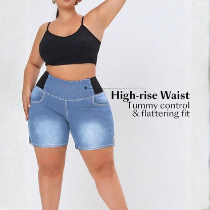 Plus size high waist stretch denim shorts for women, tummy control