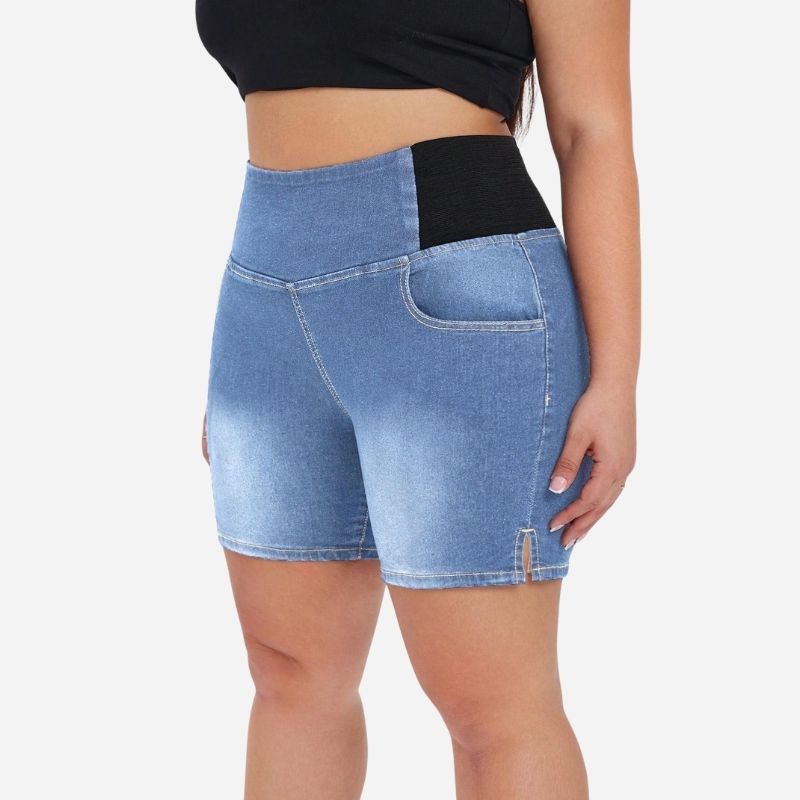Plus size high waist denim shorts for women, side view