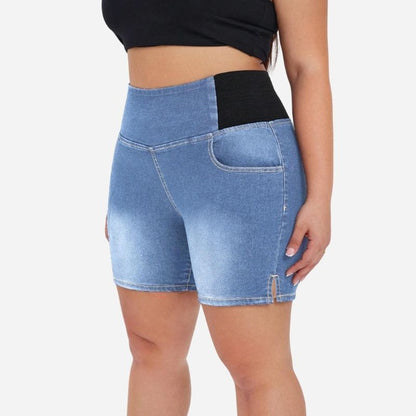 Plus size high waist denim shorts for women, side view