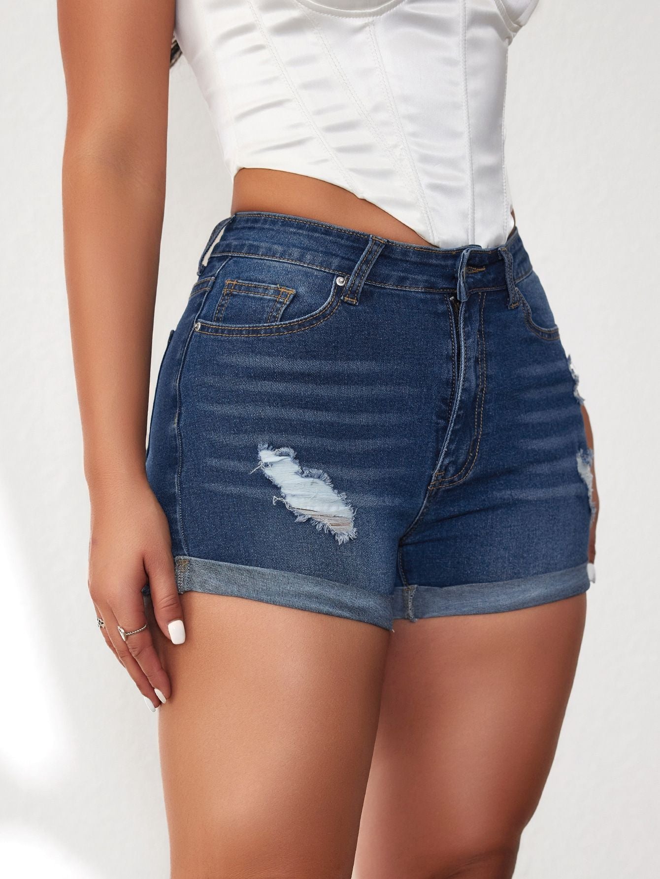 Plus Size Women Ripped Denim Shorts High Waisted Folded Hem Jean Shorts