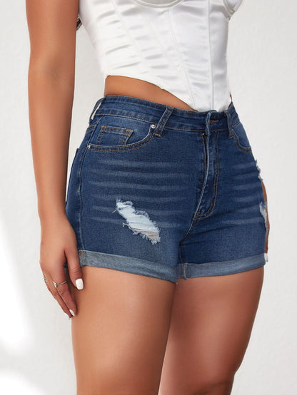 Plus Size Women Ripped Denim Shorts High Waisted Folded Hem Jean Shorts