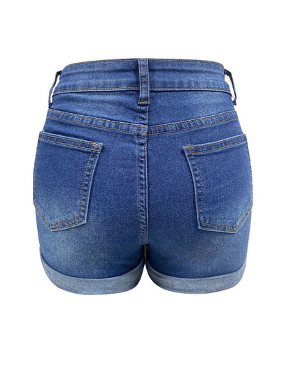 Plus Size Women Ripped Denim Shorts High Waisted Folded Hem Jean Shorts
