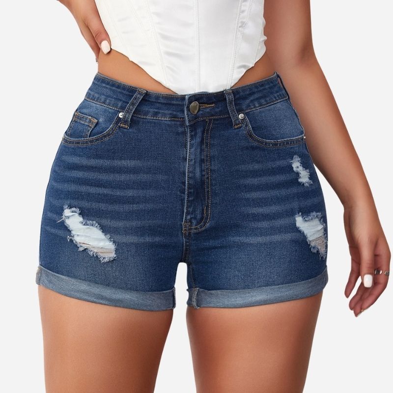 Plus Size Women Ripped Denim Shorts High Waisted Folded Hem Jean Shorts