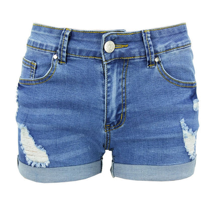 Plus Size Women Ripped Denim Shorts High Waisted Folded Hem Jean Shorts