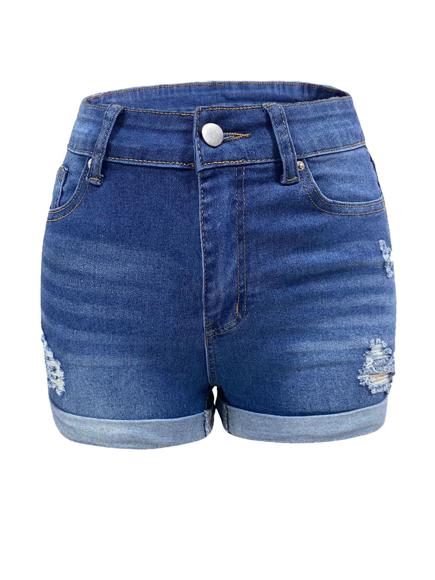 Plus Size Women Ripped Denim Shorts High Waisted Folded Hem Jean Shorts