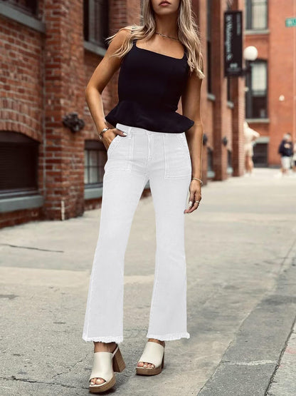 Women High Waist Denim Pants Stretchy Waist Cropped Flare Jeans