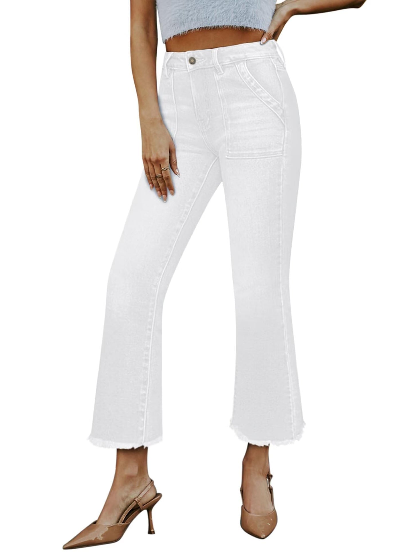 Women High Waist Denim Pants Stretchy Waist Cropped Flare Jeans