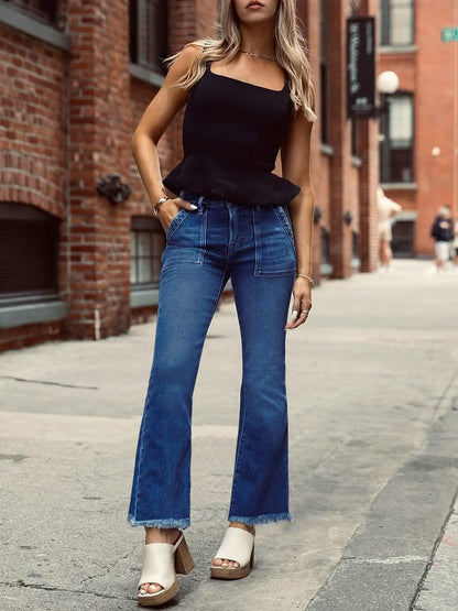 Women High Waist Denim Pants Stretchy Waist Cropped Flare Jeans